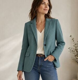 Loft Womens Wool Blend Blazer Teal Gray Herringbone Preppy Academia Office Sz 14